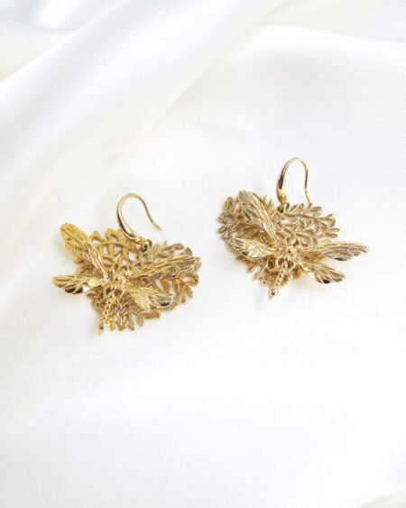 Gold plated earrings - unique design Heart with dragonfly