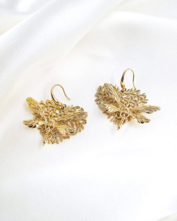 Gold plated earrings - unique design Heart with dragonfly