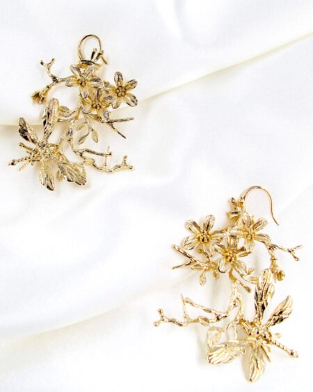 Gold plated earrings - unique design floral branch with drafgonfly