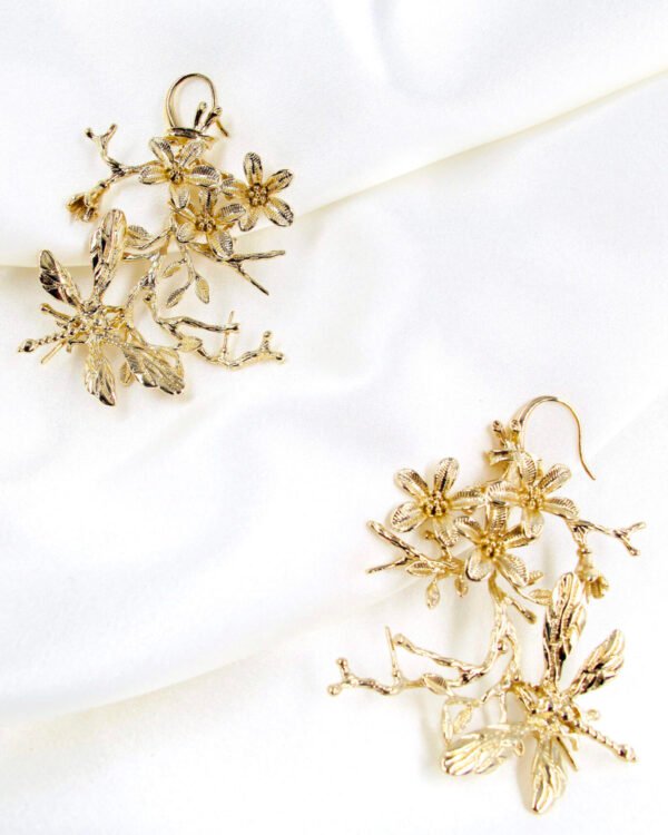 Gold plated earrings - unique design floral branch with drafgonfly