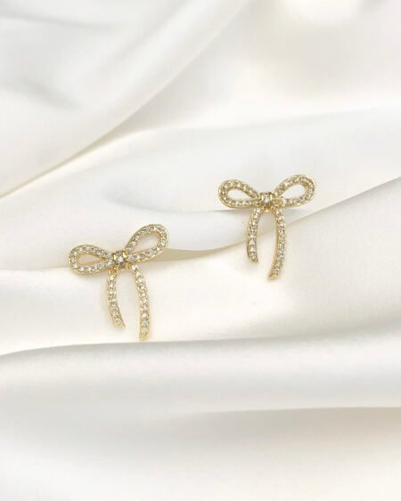 Gold fashion earrings bow shape with zirconium crystals – Bow shapes earrings