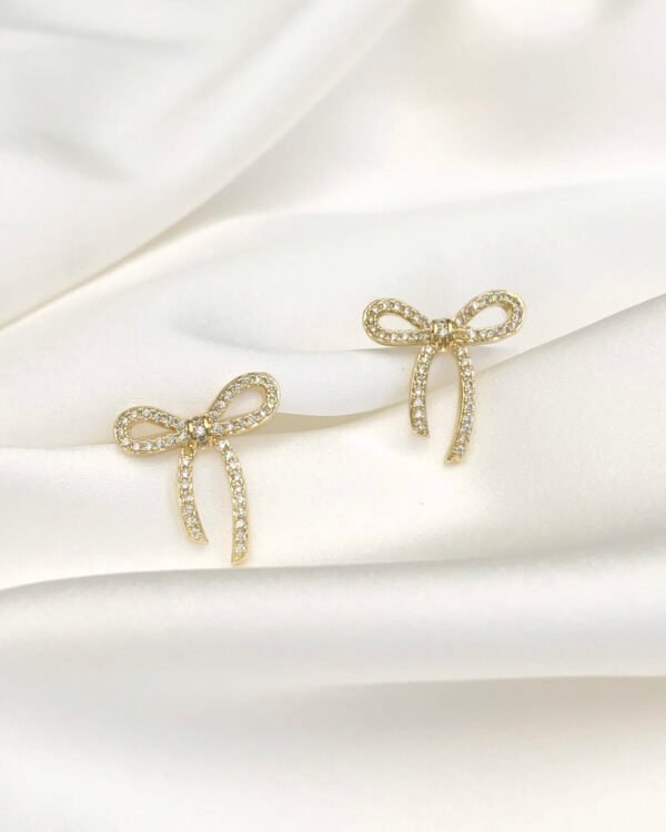 Gold fashion earrings bow shape with zirconium crystals – Bow shapes earrings