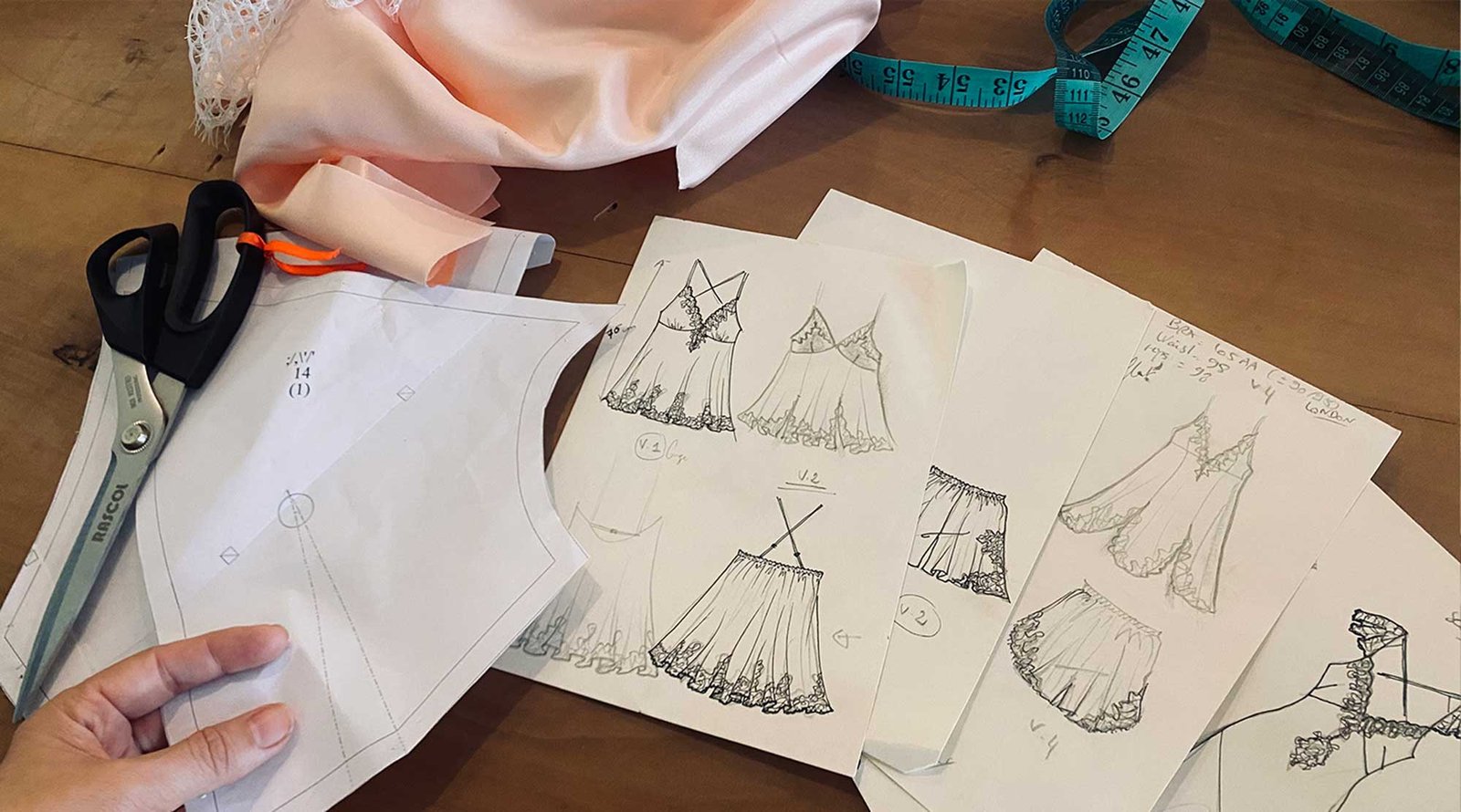 bespoke-lingerie-pattern-making-process Pattern pieces, fashion sketches and fabrics used to develop a bespoke lingerie design.