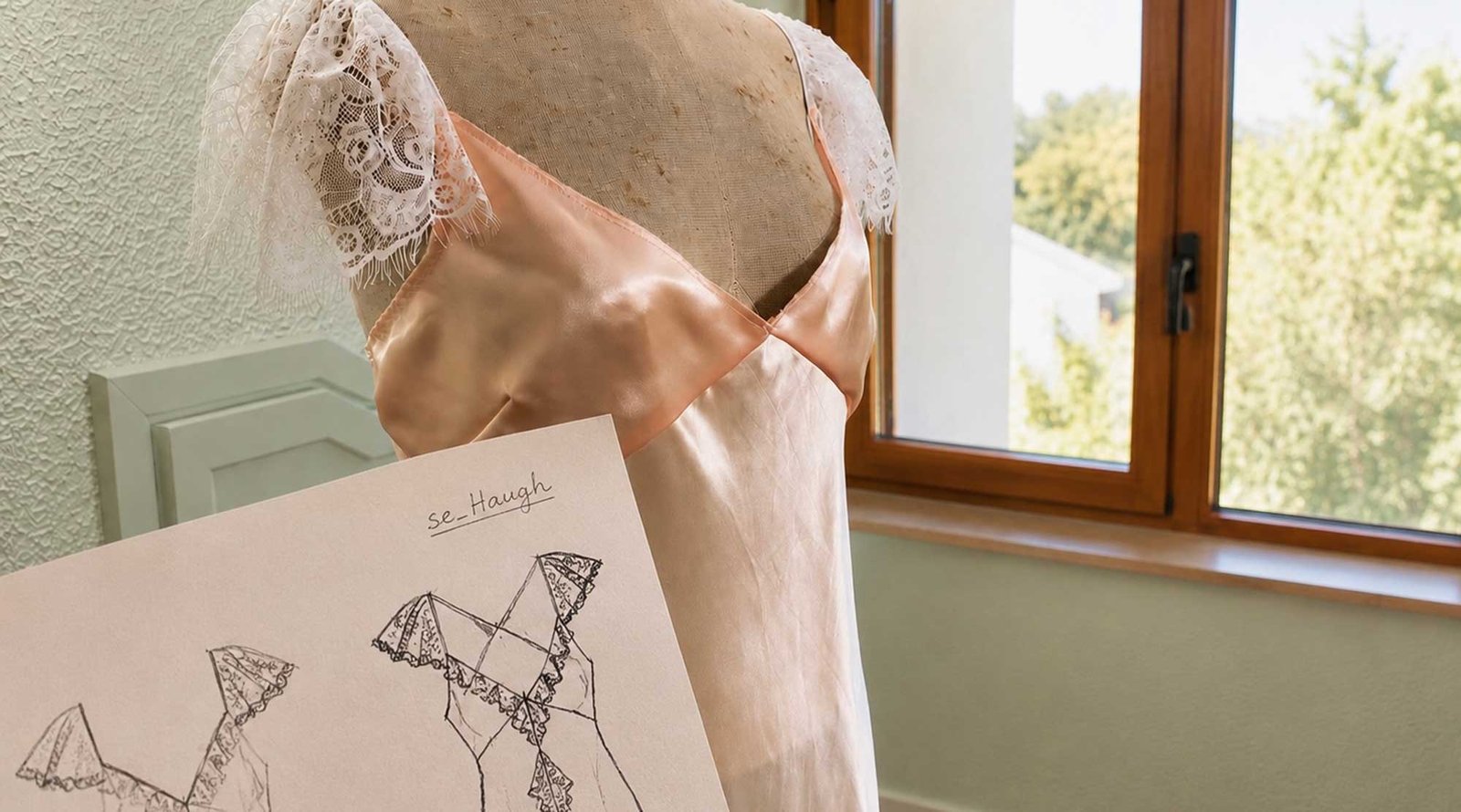 bespoke-lingerie-sketch-and-prototype Fashion sketch displayed beside a bespoke lingerie prototype during the design process.
